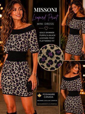 Missoni Leopard Animal Print Mini Dress Glam Knit Bodycon Party Cocktail EUC